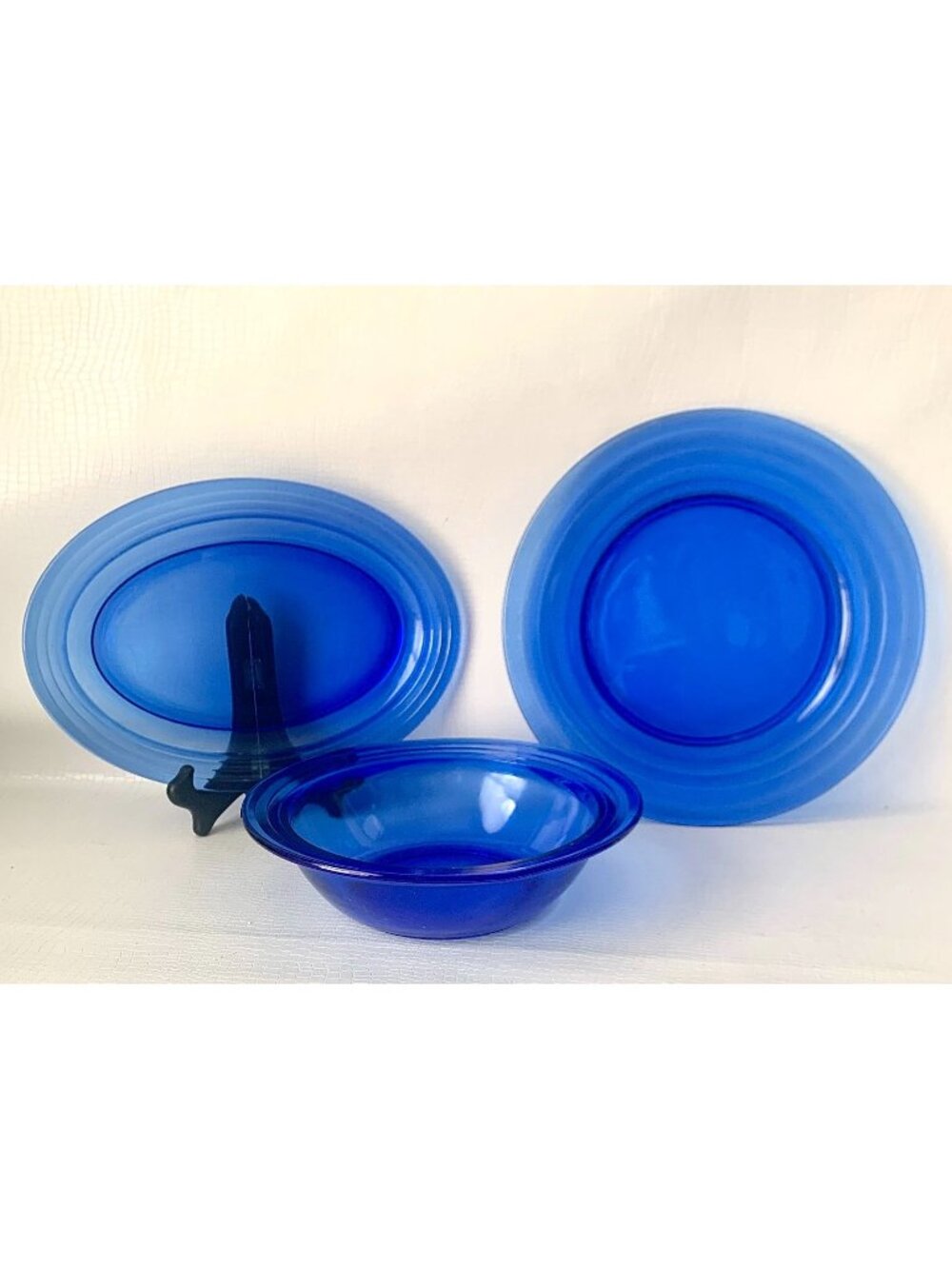 3 Cobalt Blue Modertone Serving Bowl Oval Platter & Chop Plate Depression Glass